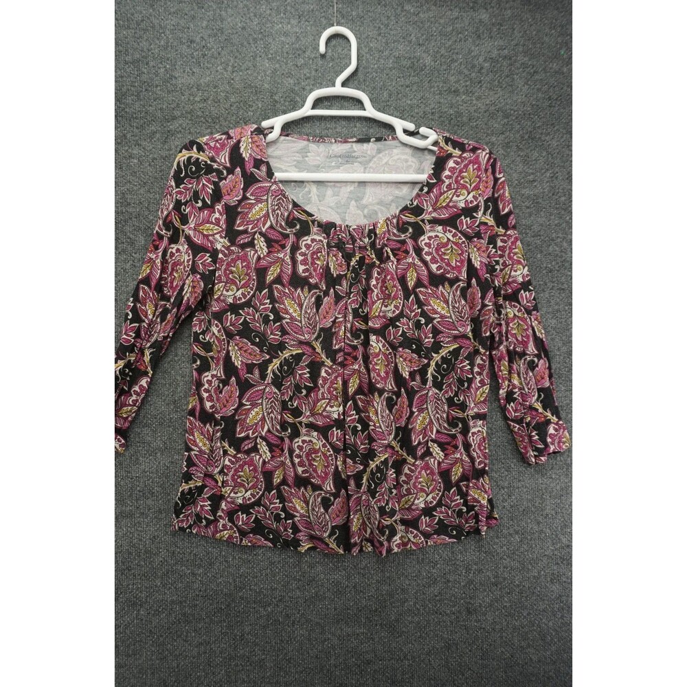 Croft & Barrow Womens Large Pink Paisley Floral 3/4 Sleeve Scoop Neck Top L